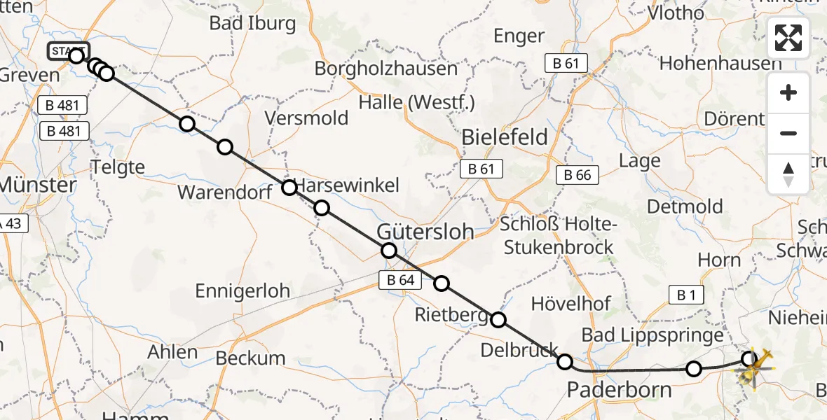 Flugroute Ambulanzhubschrauber Christoph  Westfalen-ADAC - Bad Driburg, 09 Juni 2026, 16:25