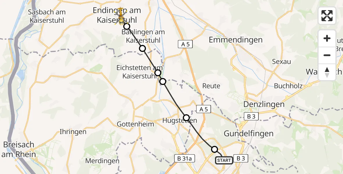 Flugroute Rettungshubschrauber Freiburg im Breisgau Flugplatz - Endingen am Kaiserstuhl, 09 Juni 2026, 16:29