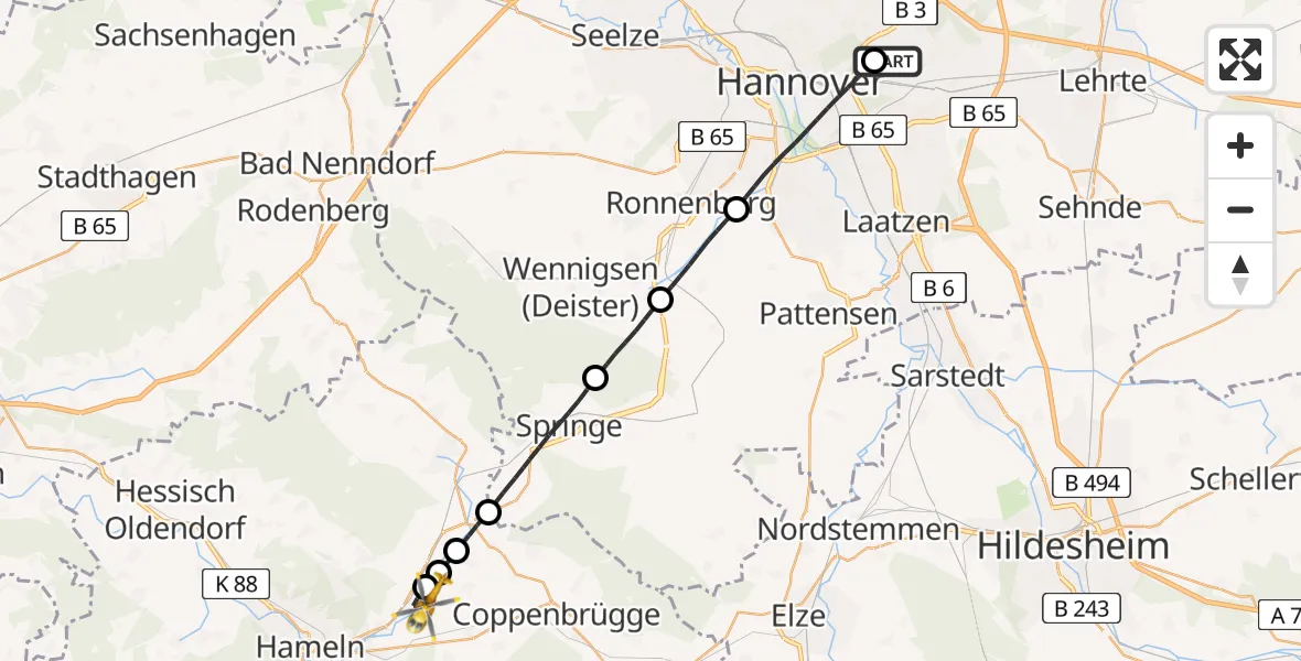 Flugroute Rettungshubschrauber Hannover Luftrettung Hubschrauberlandeplatz (Christoph 4) - Hameln, 09 Juni 2026, 16:30