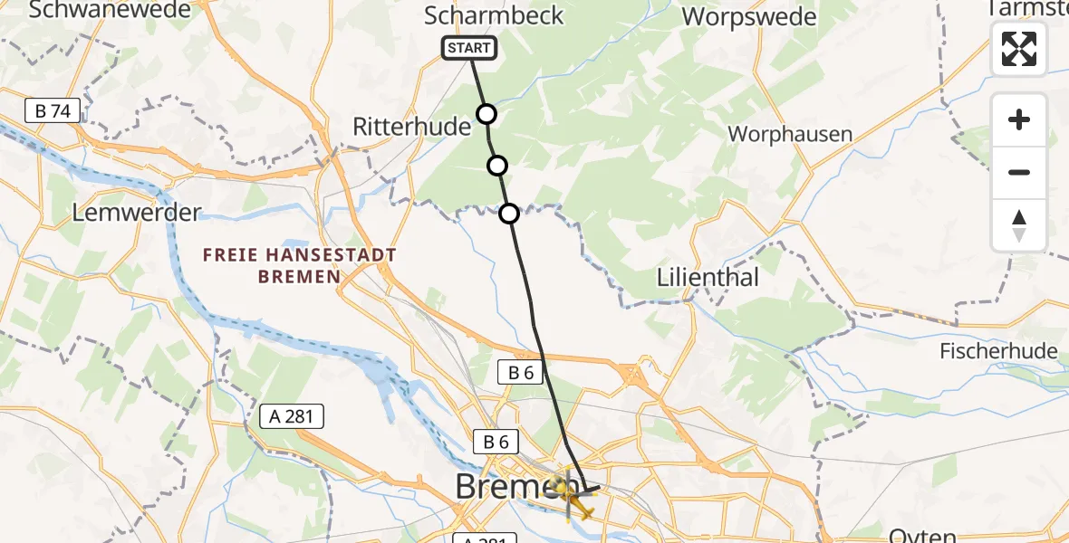 Flugroute Rettungshubschrauber Osterholz-Scharmbeck - Bremen, 09 Juni 2026, 16:33