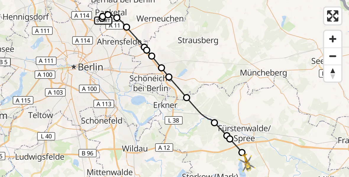 Flugroute Rettungshubschrauber Helios Clinic Berlin-Buch - Bad Saarow, 09 Juni 2026, 16:33