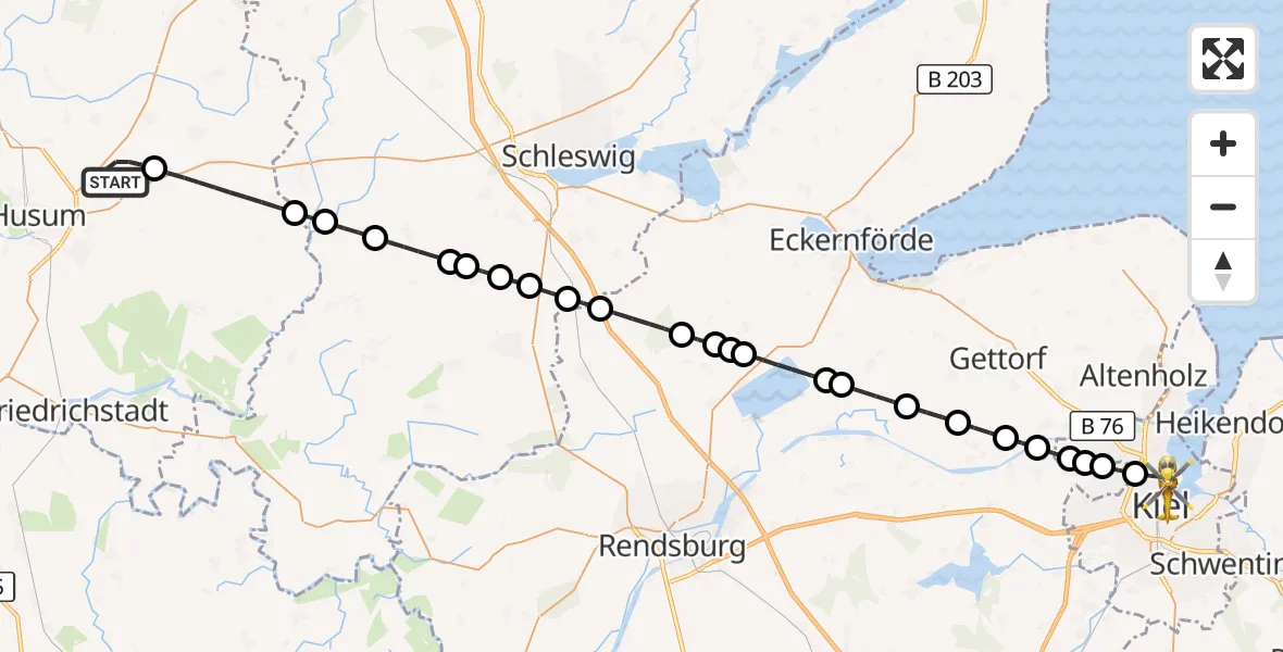 Flugroute Rettungshubschrauber Schwesing - Kiel, 09 Juni 2026, 16:34