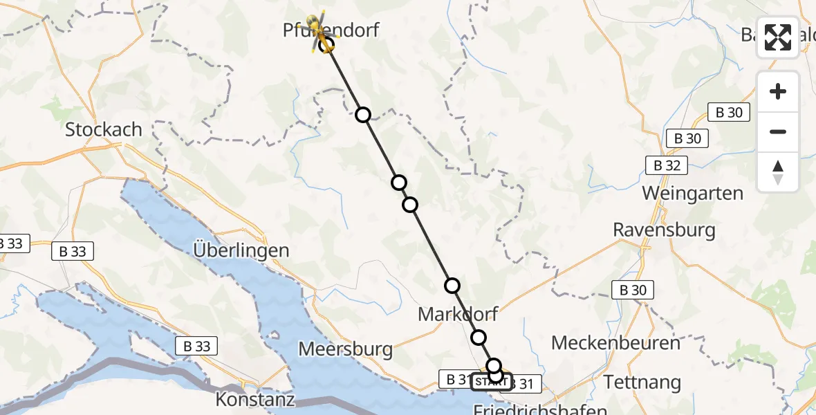 Flugroute Rettungshubschrauber Friedrichshafen Hospital - Pfullendorf, 09 Juni 2026, 16:36