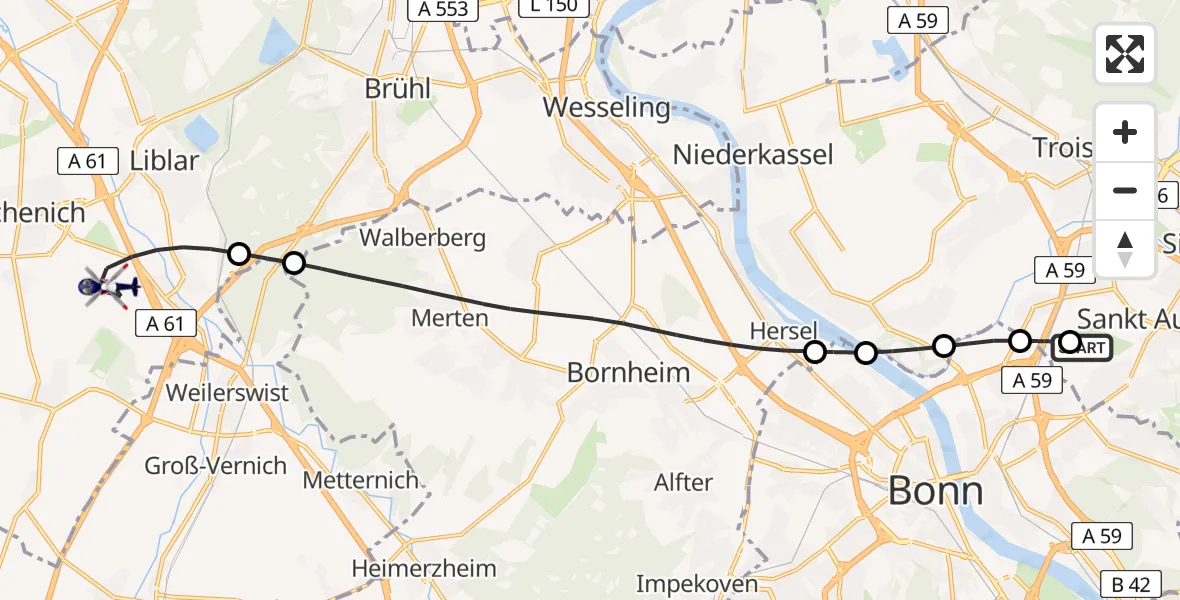 Flugroute Polizeihubschrauber Bonn-Hangelar Flugplatz - Erftstadt, 09 Juni 2026, 16:39