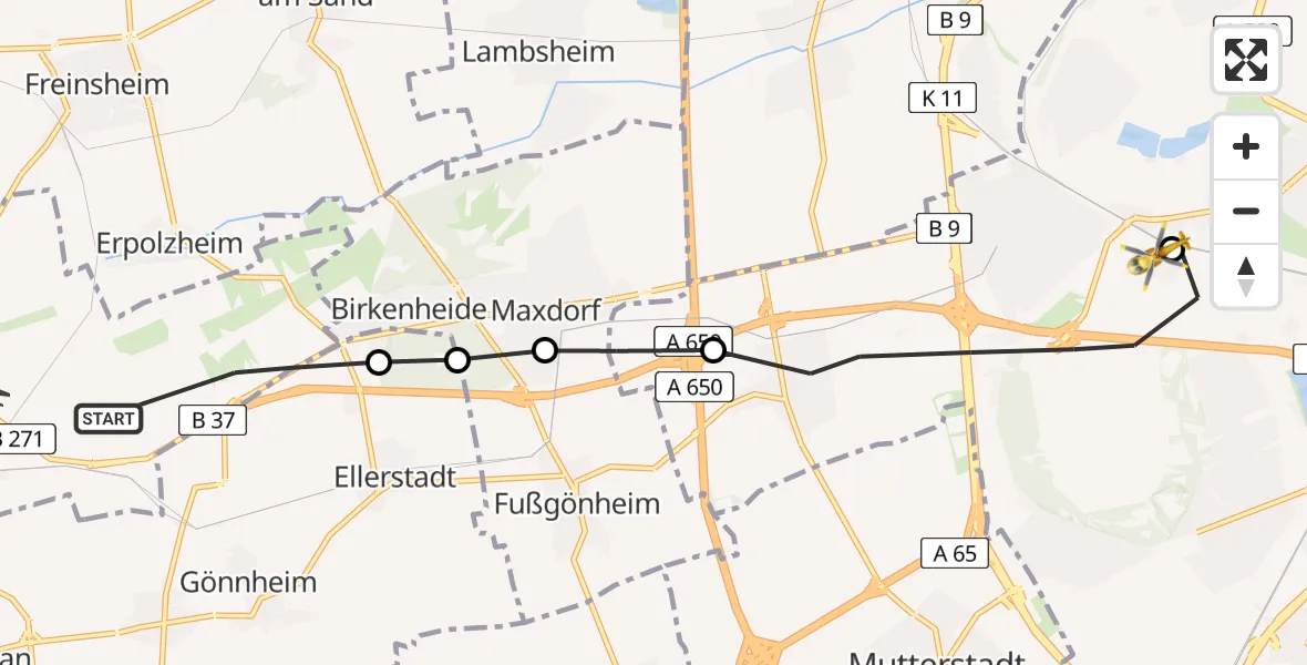 Flugroute Rettungshubschrauber Bad Dürkheim - Ludwigshafen Accident Hospital Hubschrauberlandeplatz, 09 Juni 2026, 16:43