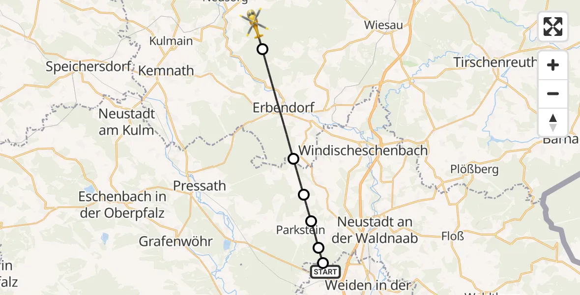 Flugroute Rettungshubschrauber Weiden i.d.OPf. - Pullenreuth, 09 Juni 2026, 16:46