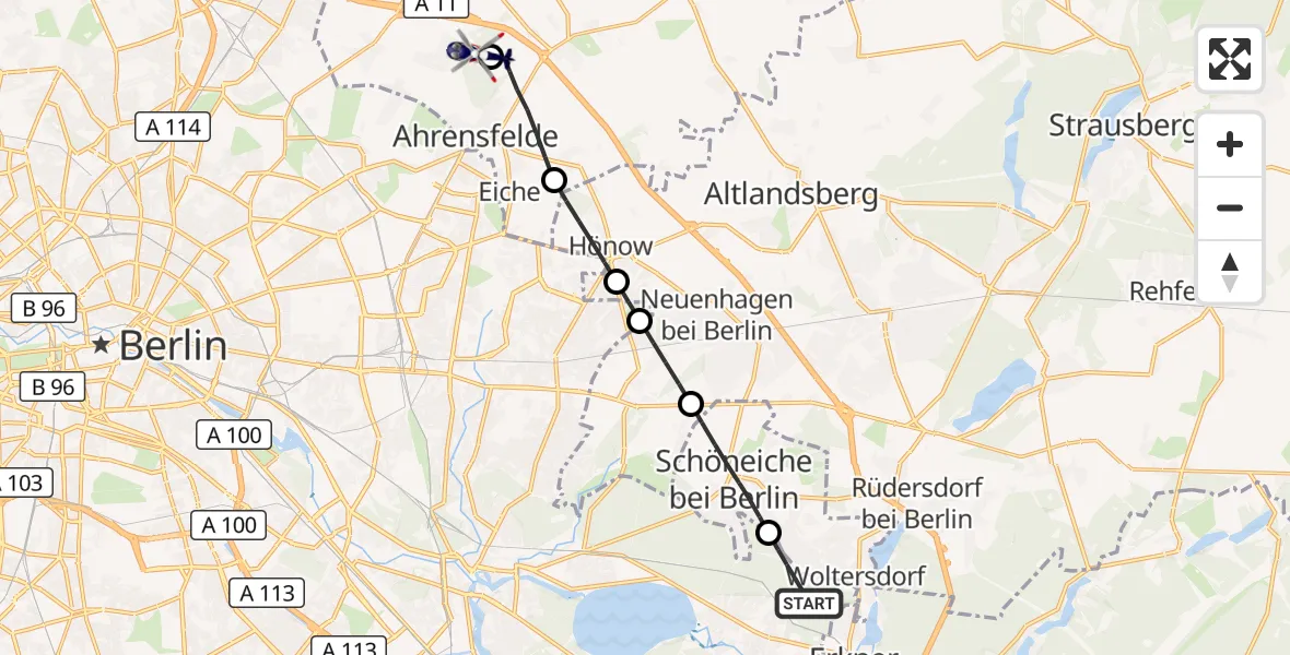 Flugroute Polizeihubschrauber Berlin - Ahrensfelde Hubschrauberlandeplatz, 09 Juni 2026, 16:47