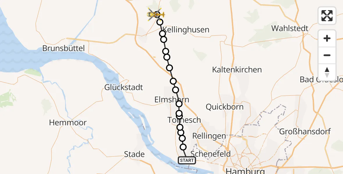Flugroute Rettungshubschrauber Wedel - Itzehoe Hungriger Wolf Flugplatz, 09 Juni 2026, 17:01