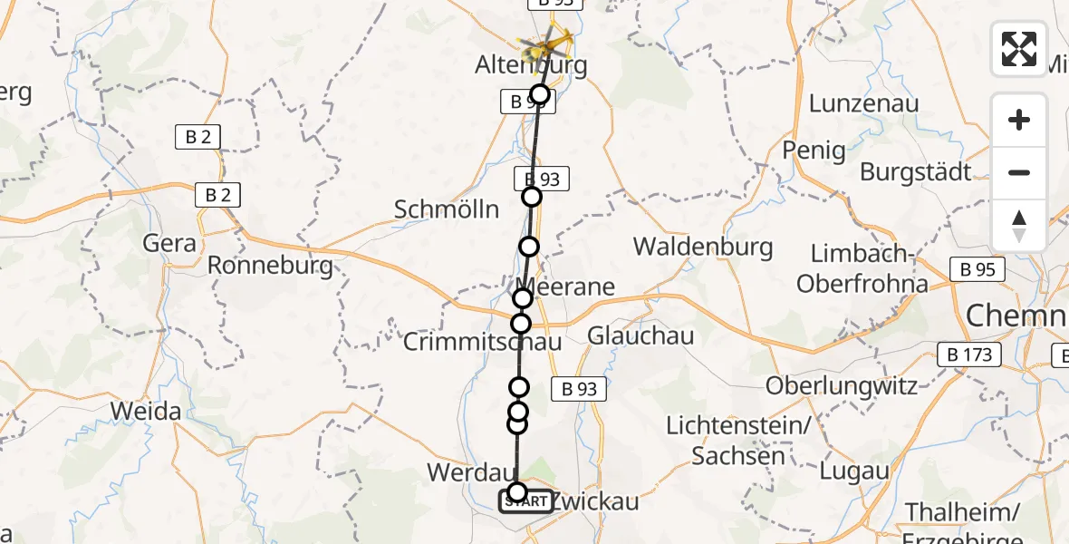 Flugroute Rettungshubschrauber ADAC Air Rescue Station Zwickau Hubschrauberlandeplatz - Altenburg, 09 Juni 2026, 17:05