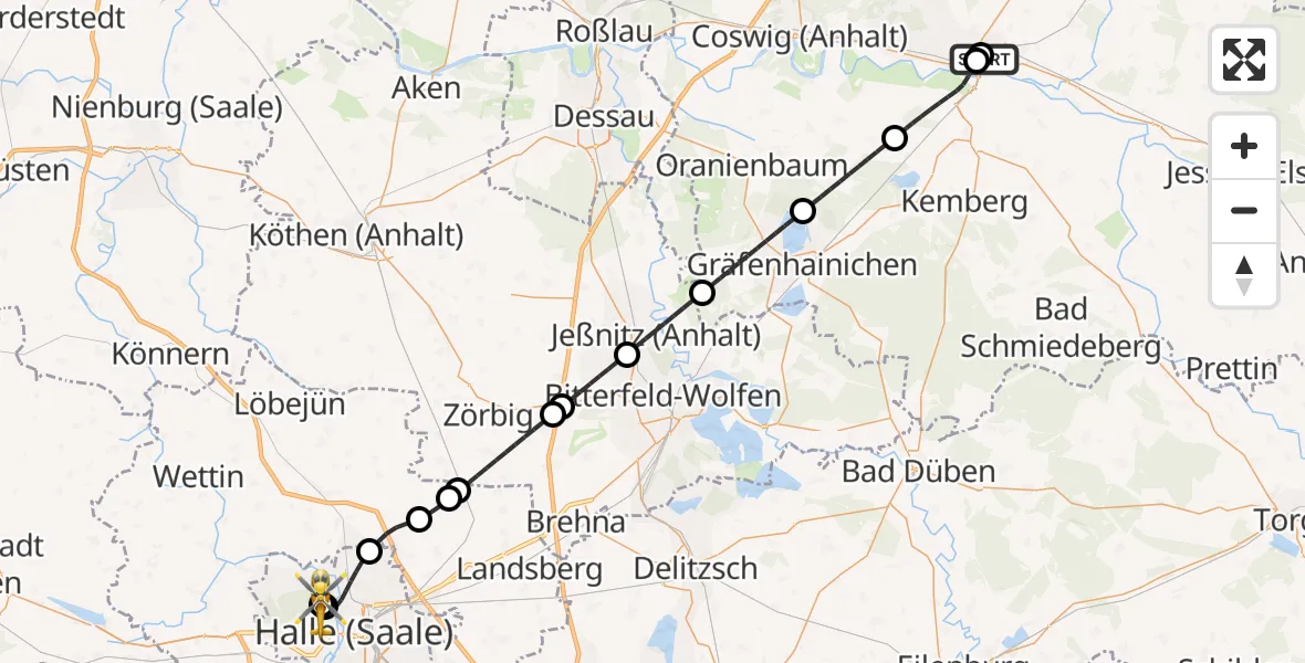 Flugroute Rettungshubschrauber Paul-Gerhardt-Stift Evangelical Hospital - Halle (Saale) University Hospital, 09 Juni 2026, 17:11