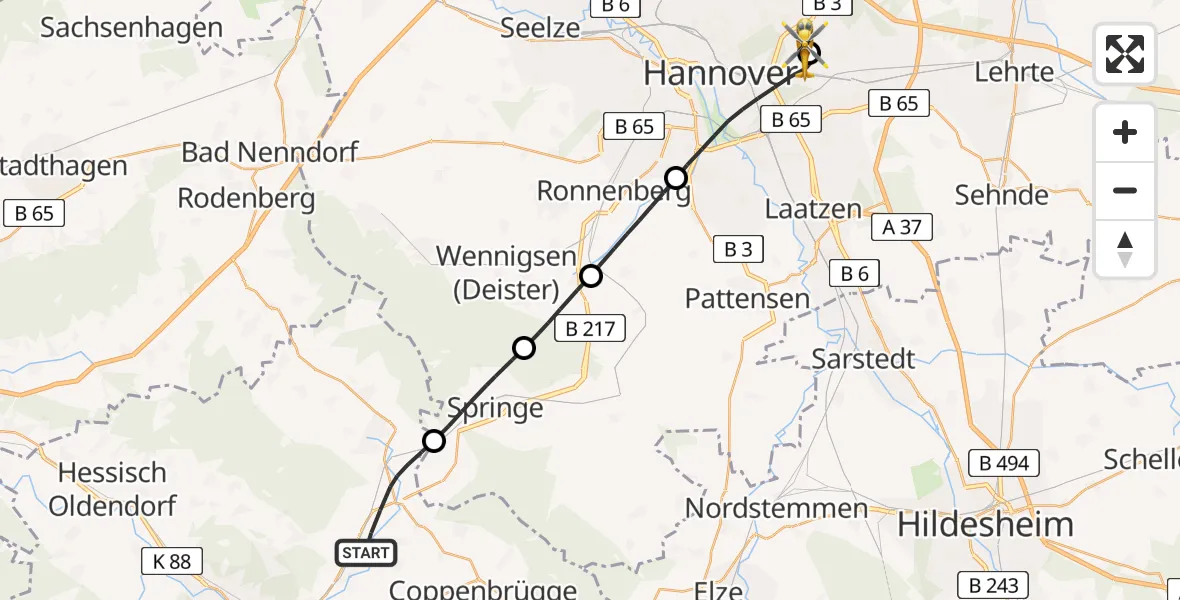 Flugroute Rettungshubschrauber Bad Münder am Deister - Hannover Luftrettung Hubschrauberlandeplatz (Christoph 4), 09 Juni 2026, 17:13