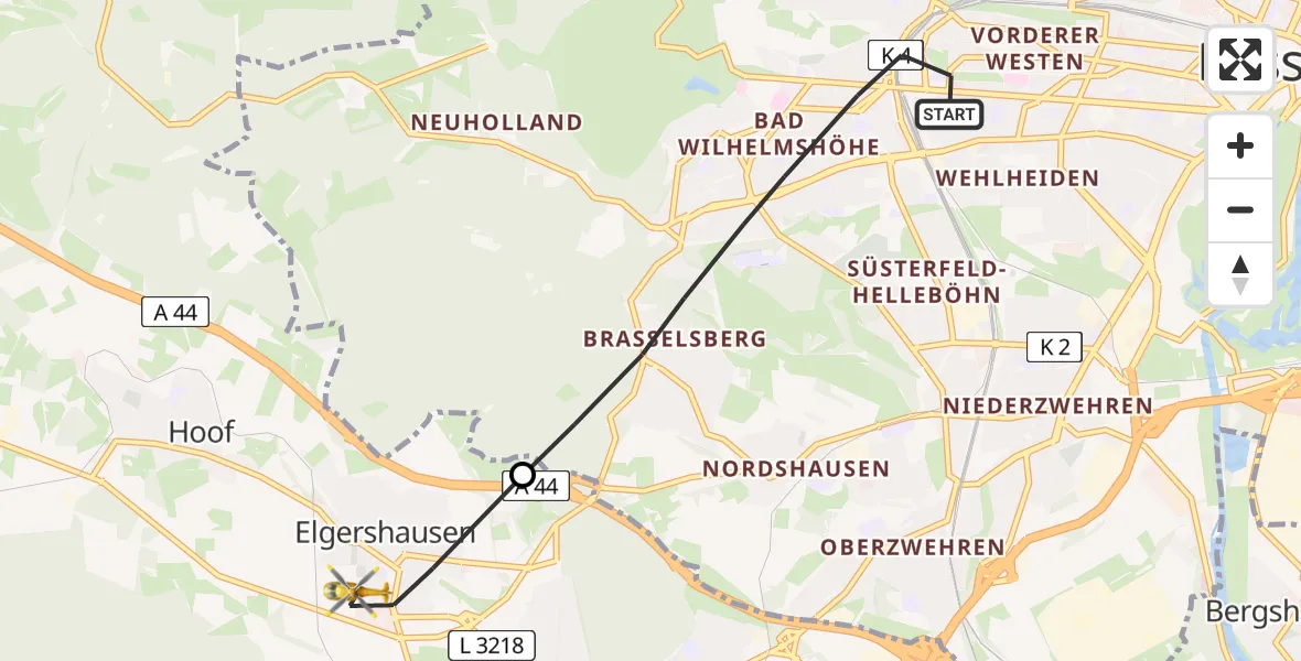 Flugroute Rettungshubschrauber Kassel - Schauenburg, 09 Juni 2026, 17:15