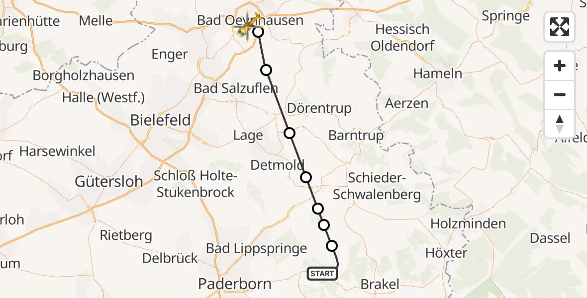Flugroute Ambulanzhubschrauber Bad Driburg - Bad Oeynhausen, 09 Juni 2026, 17:20