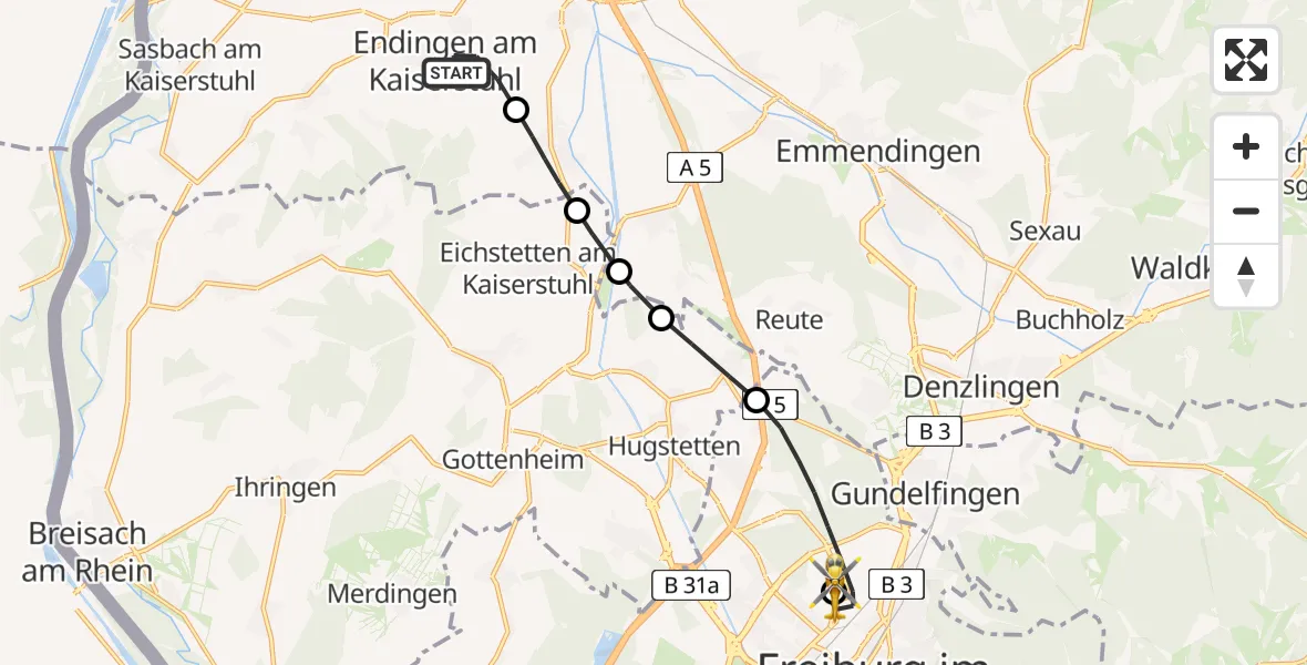 Flugroute Rettungshubschrauber Endingen am Kaiserstuhl - Freiburg im Breisgau Flugplatz, 09 Juni 2026, 17:21