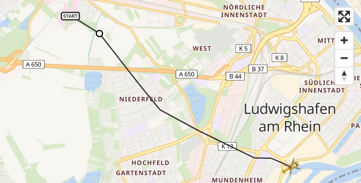 Flugroute Rettungshubschrauber Ludwigshafen Accident Hospital - Ludwigshafen am Rhein, 09 Juni 2026, 17:36