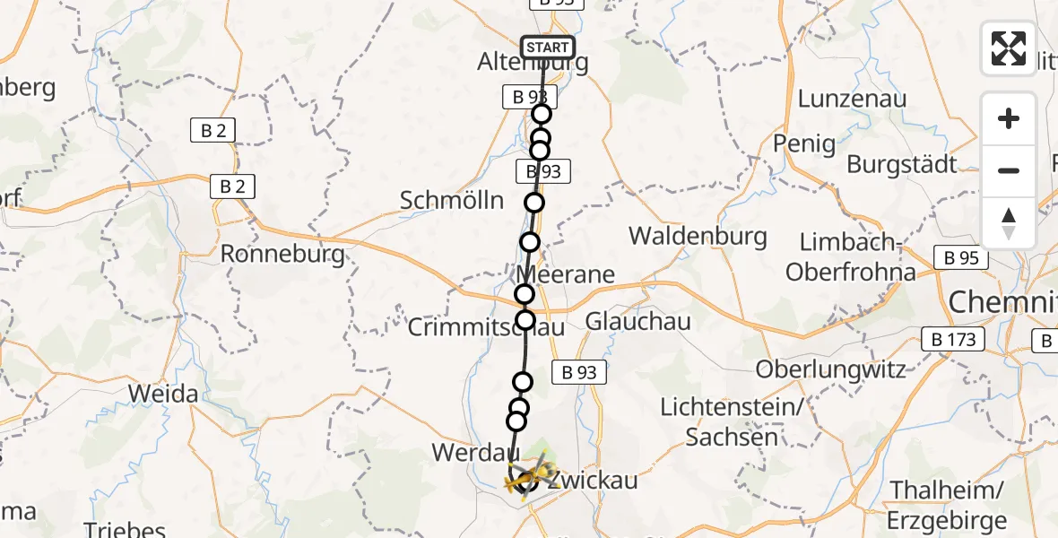 Flugroute Rettungshubschrauber Altenburg - ADAC Air Rescue Station Zwickau Hubschrauberlandeplatz, 09 Juni 2026, 17:40