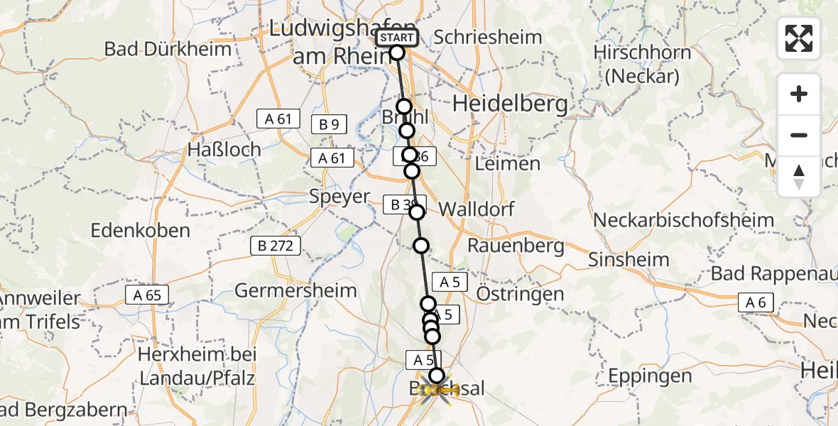 Flugroute Rettungshubschrauber Mannheim-City Flughafen - Bruchsal, 09 Juni 2026, 17:43