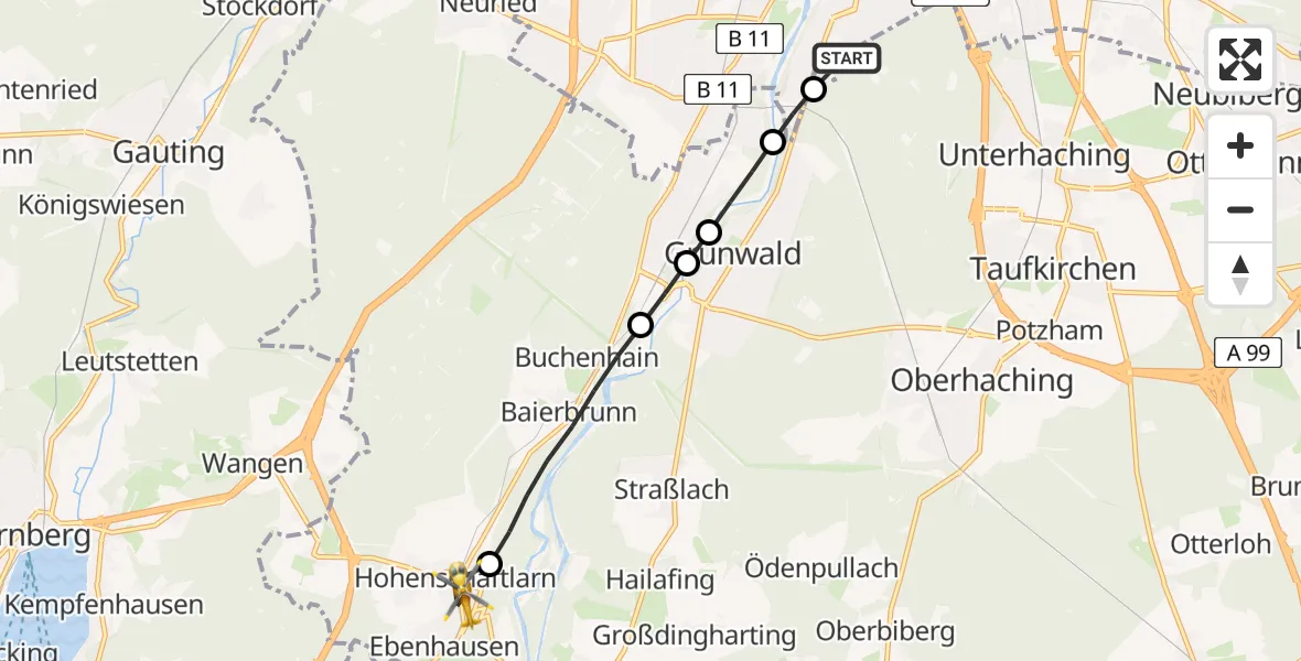 Flugroute Rettungshubschrauber ADAC Air Rescue Center Hubschrauberlandeplatz (Christoph 1) - Schäftlarn, 09 Juni 2026, 17:48