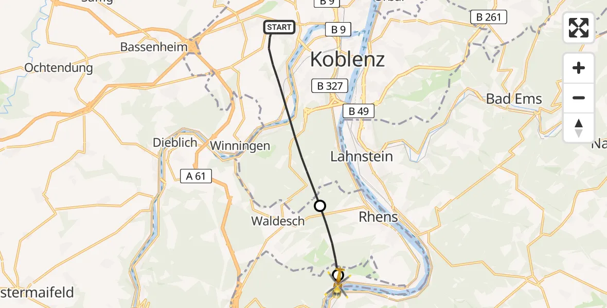 Flugroute Rettungshubschrauber Koblenz - Boppard, 09 Juni 2026, 17:59