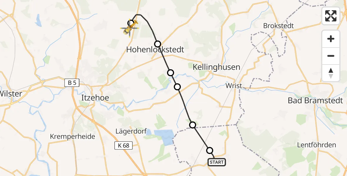 Flugroute Rettungshubschrauber Brande-Hörnerkirchen - Itzehoe Hungriger Wolf Flugplatz, 09 Juni 2026, 18:03