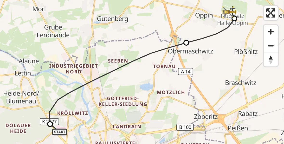 Flugroute Rettungshubschrauber Halle (Saale) University Hospital - Halle-Oppin Flugplatz, 09 Juni 2026, 18:07