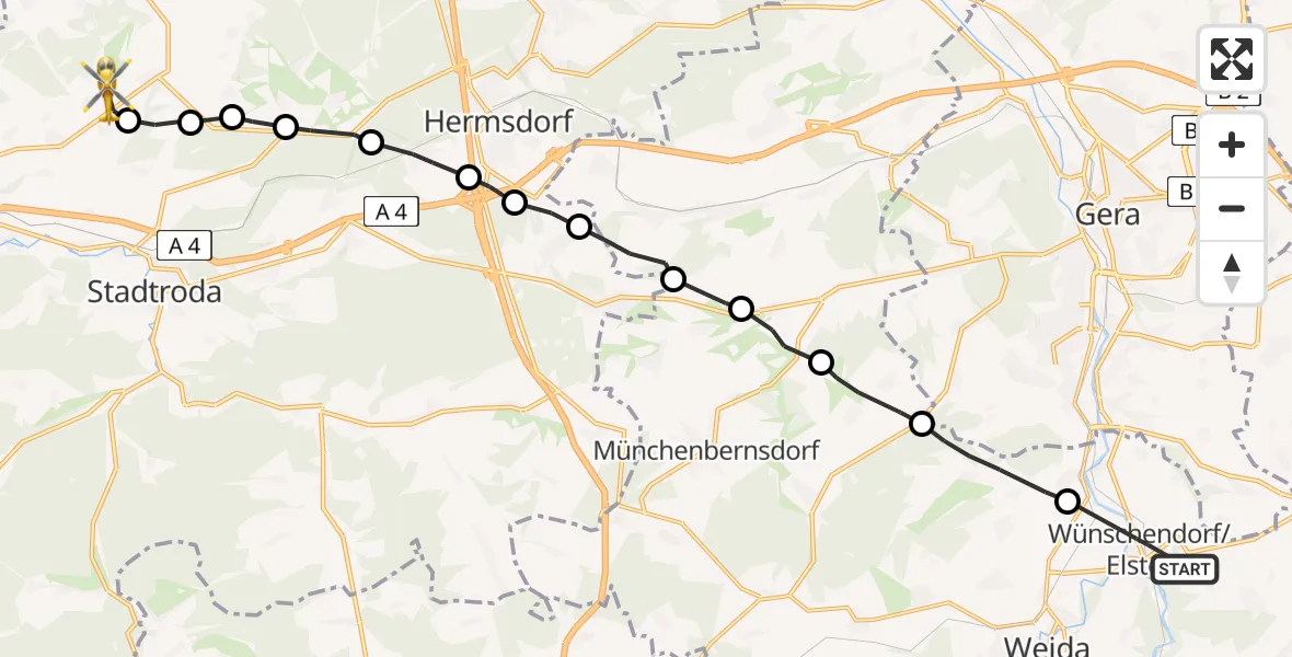 Flugroute Rettungshubschrauber Berga-Wünschendorf - Schlöben, 09 Juni 2026, 18:12