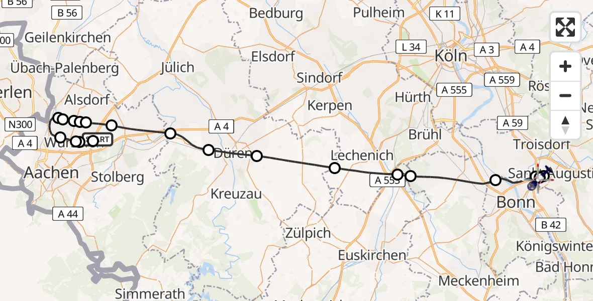 Flugroute Polizeihubschrauber Aachen-Merzbrück Flughafen - Sankt Augustin, 09 Juni 2026, 18:13