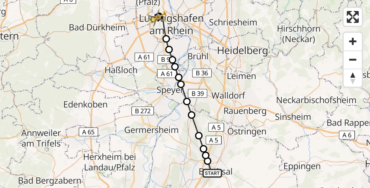 Flugroute Rettungshubschrauber Bruchsal - Ludwigshafen Accident Hospital, 09 Juni 2026, 18:15