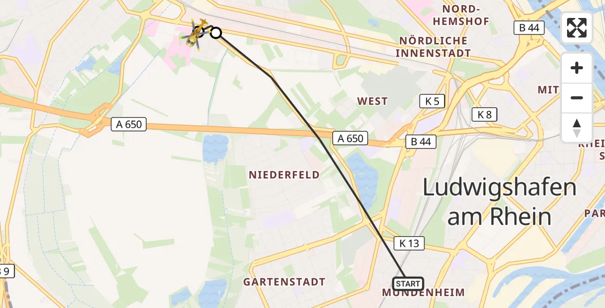 Flugroute Rettungshubschrauber Ludwigshafen am Rhein - Ludwigshafen Accident Hospital, 09 Juni 2026, 18:16