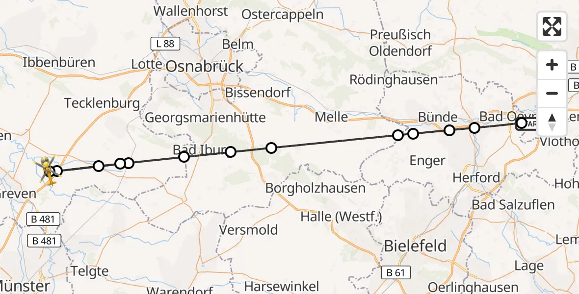 Flugroute Ambulanzhubschrauber Bad Oeynhausen - Christoph  Westfalen-ADAC, 09 Juni 2026, 18:26