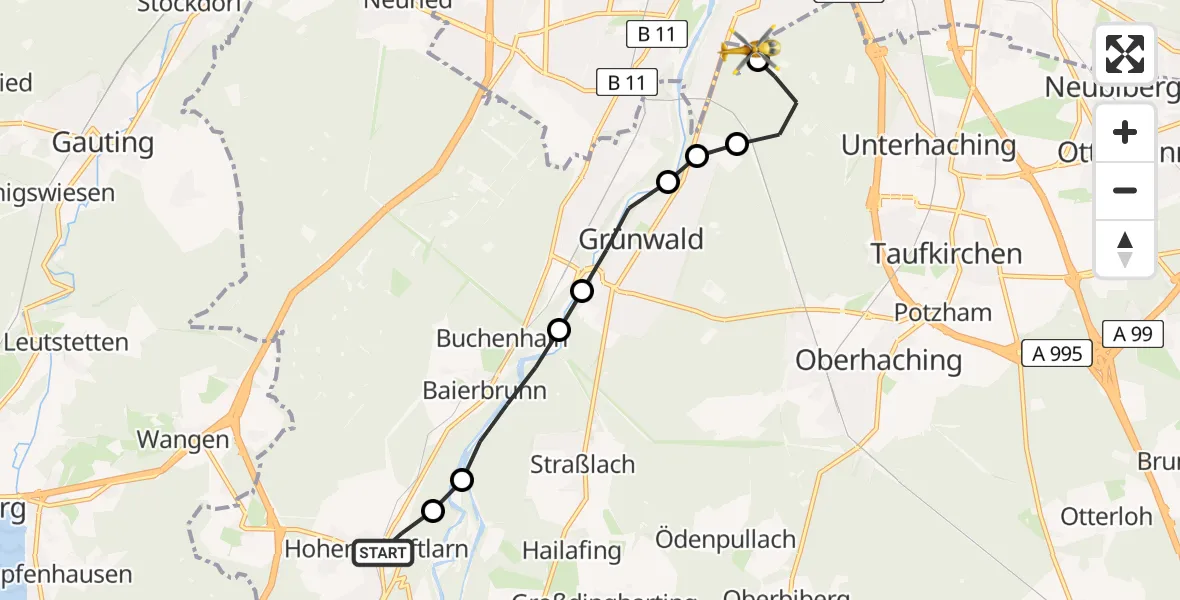 Flugroute Rettungshubschrauber Schäftlarn - ADAC Air Rescue Center Hubschrauberlandeplatz (Christoph 1), 09 Juni 2026, 18:27