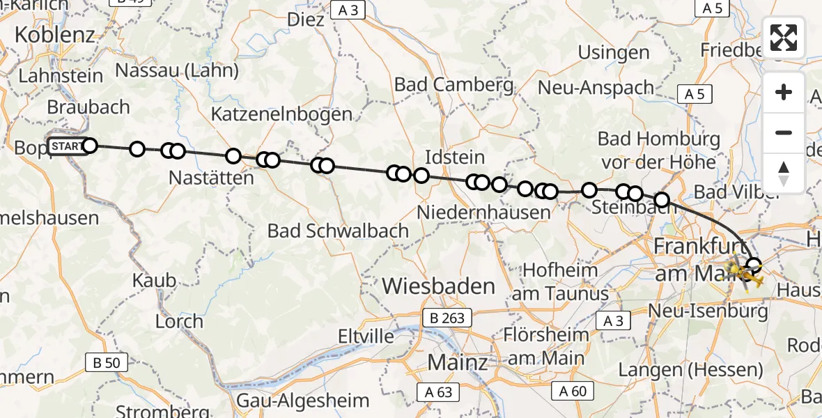 Flugroute Rettungshubschrauber Kamp-Bornhofen - Sana Hospital Offenbach, 09 Juni 2026, 18:27
