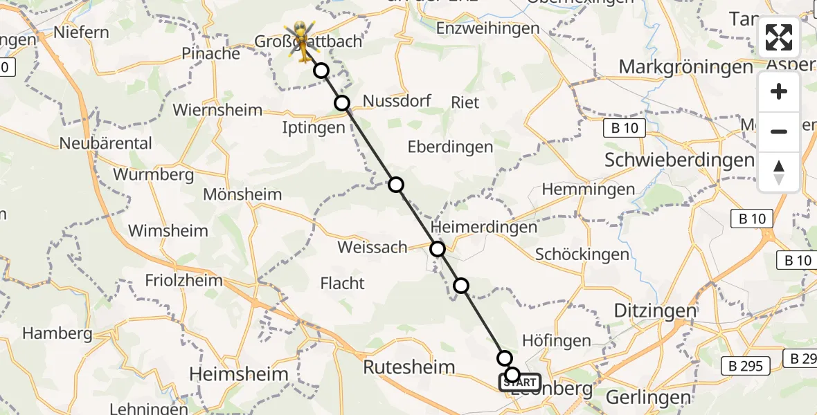 Flugroute Rettungshubschrauber Leonberg Hospital - Mühlacker, 09 Juni 2026, 18:29
