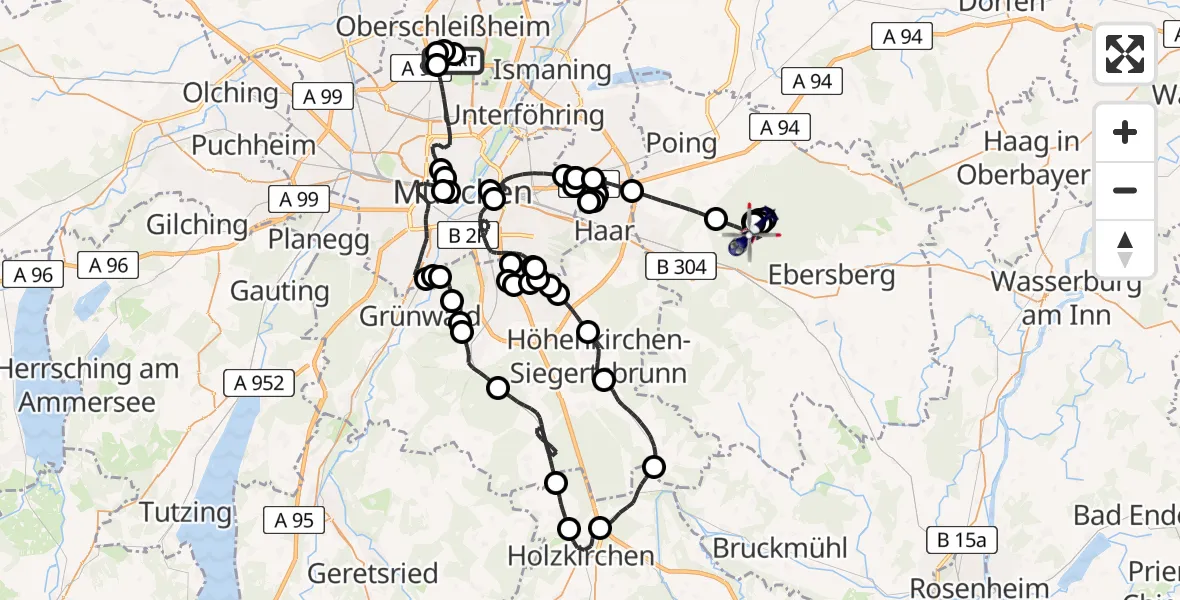 Flugroute Polizeihubschrauber Oberschleißheim - Eglhartinger Forst, 09 Juni 2026, 18:30