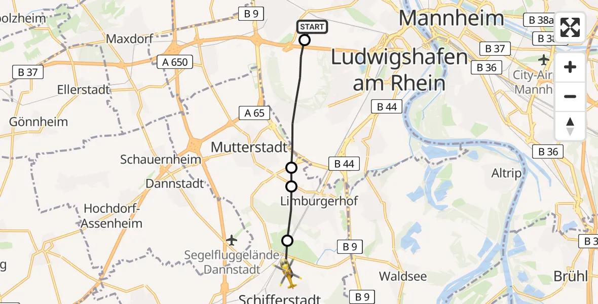 Flugroute Rettungshubschrauber Ludwigshafen Accident Hospital - Schifferstadt, 09 Juni 2026, 18:40