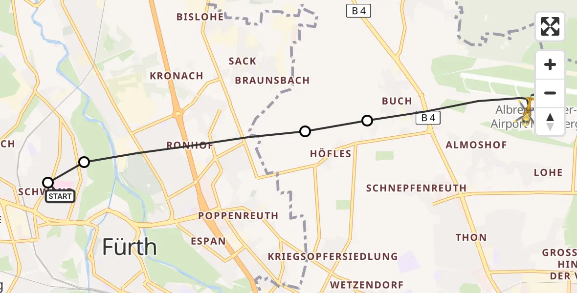 Flugroute Ambulanzhubschrauber Fürth Hospital - Flughafen Nuremberg, 09 Juni 2026, 18:43