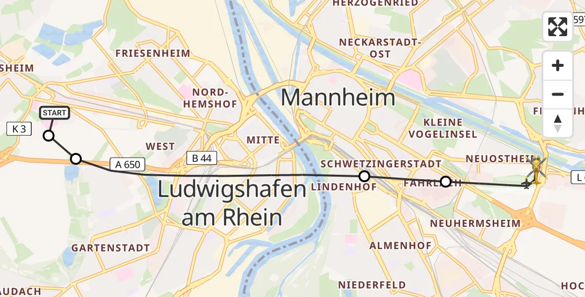 Flugroute Rettungshubschrauber Ludwigshafen Accident Hospital - Mannheim-City Flughafen, 09 Juni 2026, 18:51