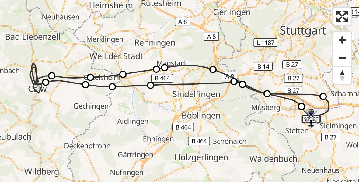 Flugroute Polizeihubschrauber Flughafen Stuttgart - Flughafen Stuttgart, 09 Juni 2026, 18:51