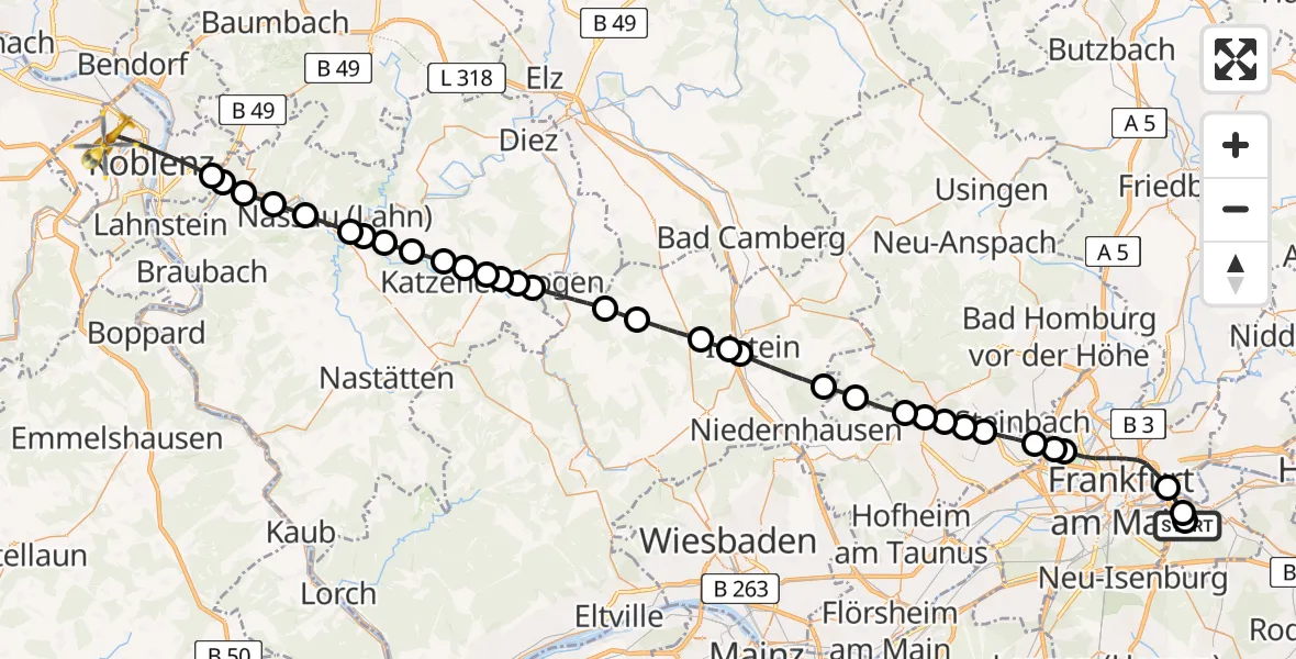 Flugroute Rettungshubschrauber Sana Hospital Offenbach - Koblenz, 09 Juni 2026, 19:06