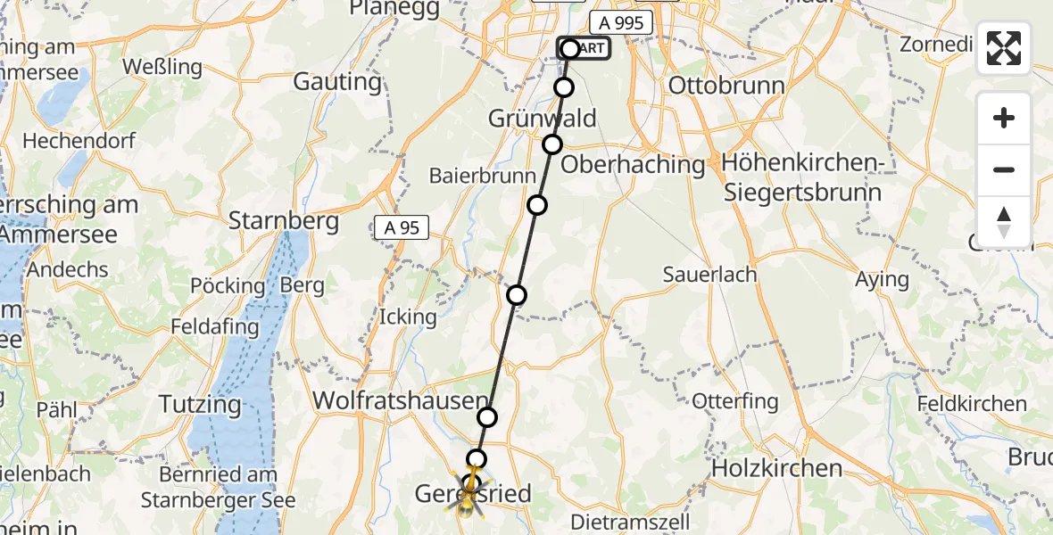 Flugroute Rettungshubschrauber ADAC Air Rescue Center Hubschrauberlandeplatz (Christoph 1) - Geretsried, 09 Juni 2026, 19:12