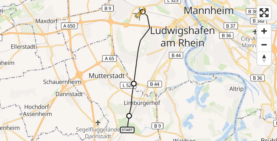 Flugroute Rettungshubschrauber Schifferstadt - Ludwigshafen Accident Hospital, 09 Juni 2026, 19:25