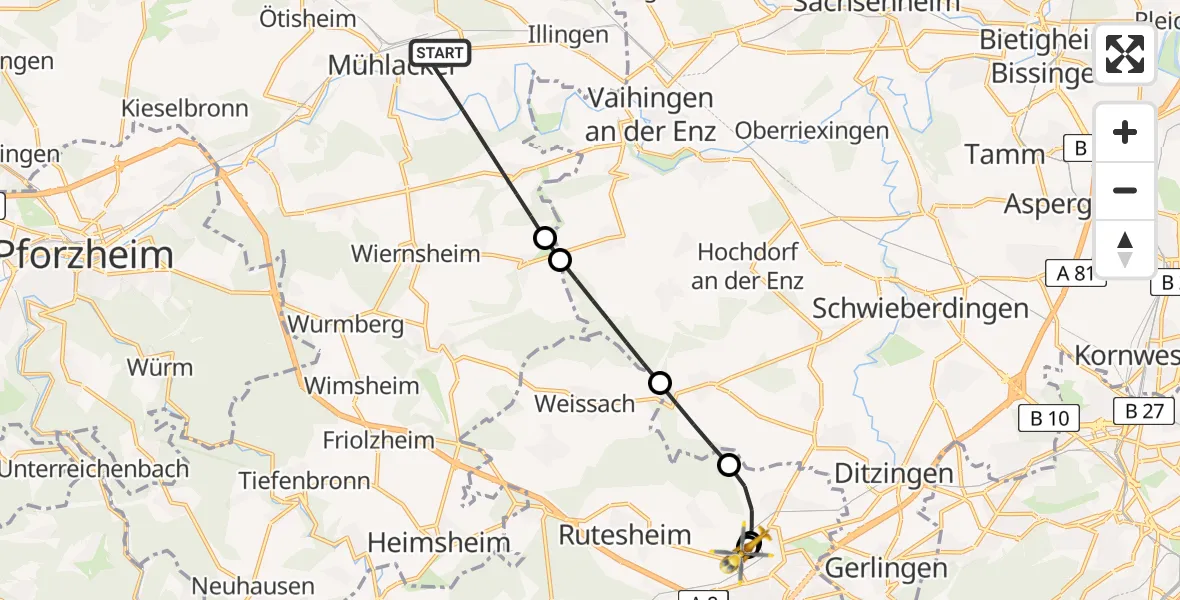 Flugroute Rettungshubschrauber Mühlacker - Leonberg Hospital, 09 Juni 2026, 19:27