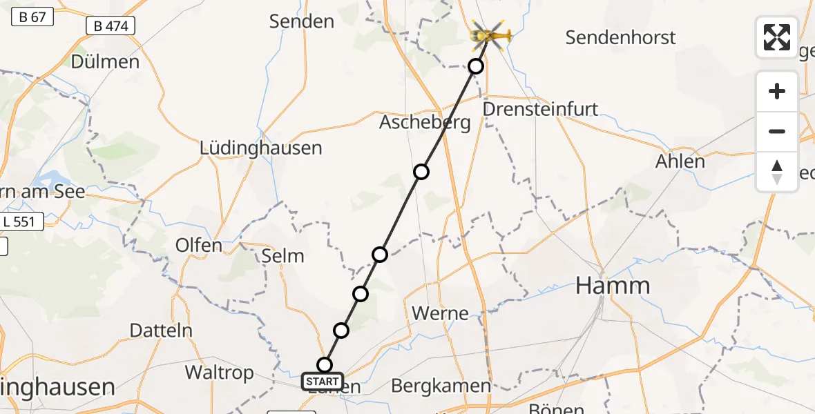 Flugroute Rettungshubschrauber Sankt Marien Hospital - Drensteinfurt, 09 Juni 2026, 19:29