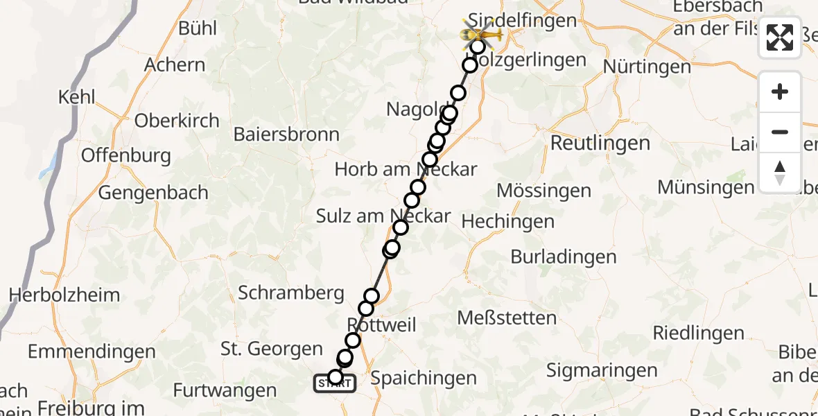Flugroute Ambulanzhubschrauber DRF Air Rescue Station Villingen-Schwenningen Hubschrauberlandeplatz (Christoph 11) - Aidlingen, 09 Juni 2026, 19:32