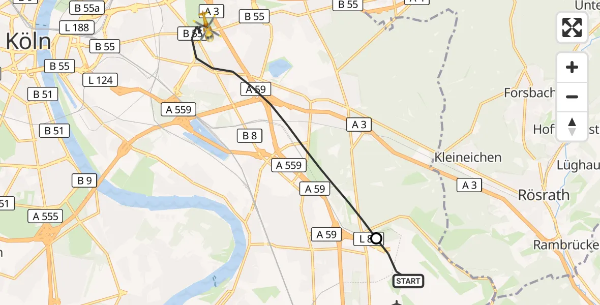 Flugroute Rettungshubschrauber Köln Bonn Flughafen - Köln, 09 Juni 2026, 19:33