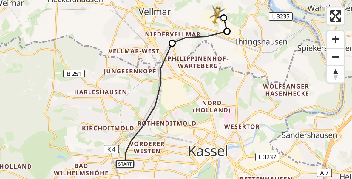 Flugroute Rettungshubschrauber Kassel - Fuldatal Bundespolizei Hubschrauberlandeplatz, 09 Juni 2026, 19:34
