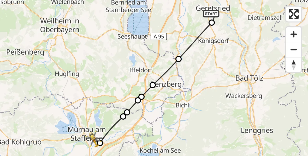 Flugroute Rettungshubschrauber Geretsried - Murnau Accident Hospital Hubschrauberlandeplatz, 09 Juni 2026, 19:50