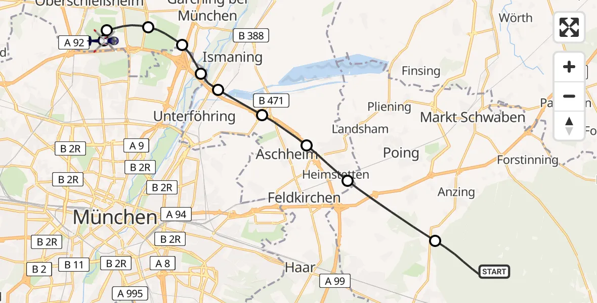 Flugroute Polizeihubschrauber Eglhartinger Forst - Oberschleißheim, 09 Juni 2026, 19:59