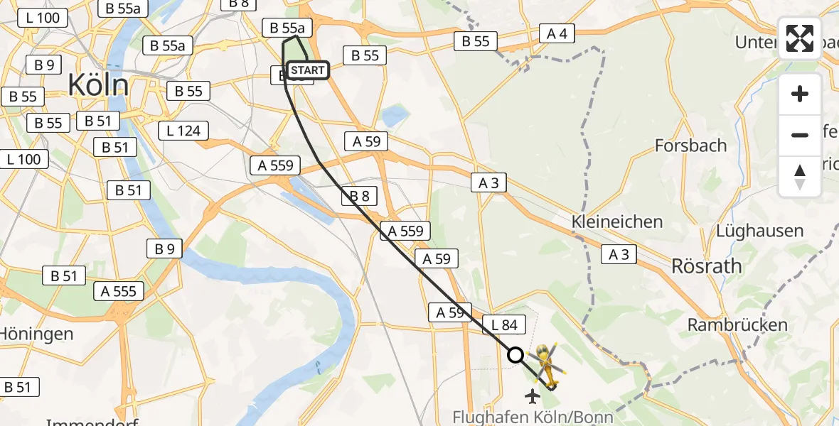 Flugroute Rettungshubschrauber Köln - Köln Bonn Flughafen, 09 Juni 2026, 20:11
