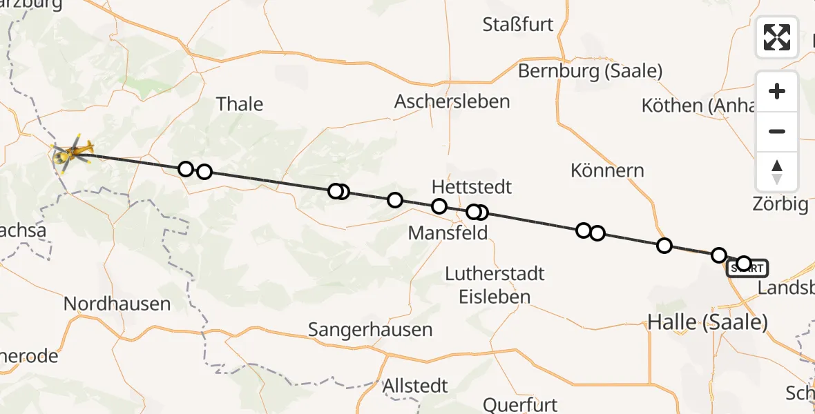 Flugroute Rettungshubschrauber Halle-Oppin Flugplatz - Oberharz am Brocken, 09 Juni 2026, 20:20